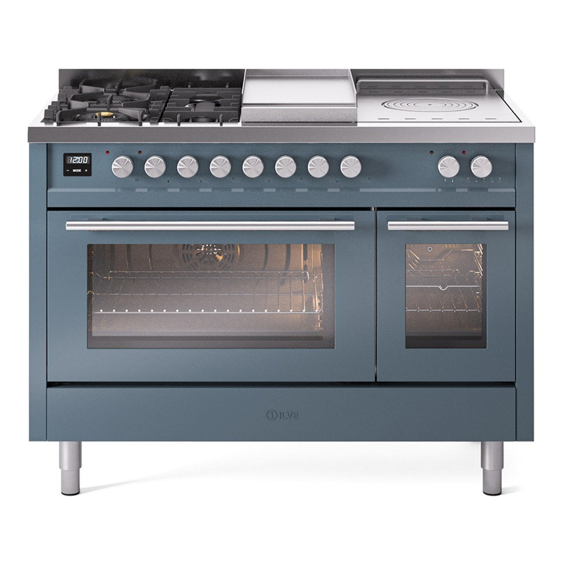 ILVE Professional Plus II 48 cuisinière à double combustible, 5 brûleurs scellés, plaque chauffante (bleu gris), Bleu / gris