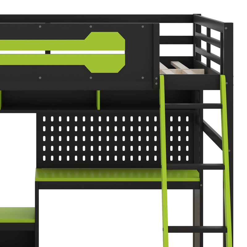 Lit mezzanine double avec bureau, tablettes de rangement et lumières DEL, lit mezzanine en bois avec ports USB et panneau perforé