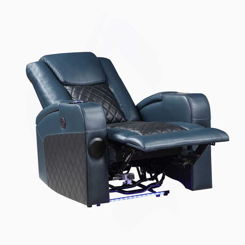 Alair Blue & Black Leather Aire Power Motion Recliner W/Bluetooth, Wireless Charger & Cupholder