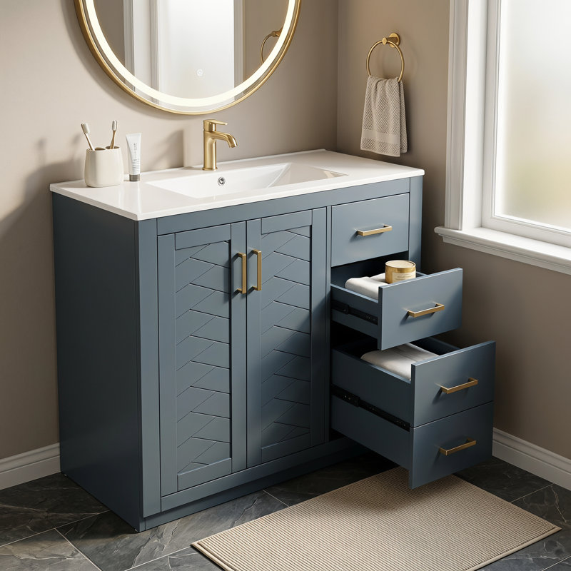 Ensemble de meuble-lavabo 36 po avec lavabo en céramique, meuble de rangement pour salle de bain avec cadre en bois massif, ensemble de meuble-lavabo autoportant avec 3 tiroirs et portes à fermeture douce