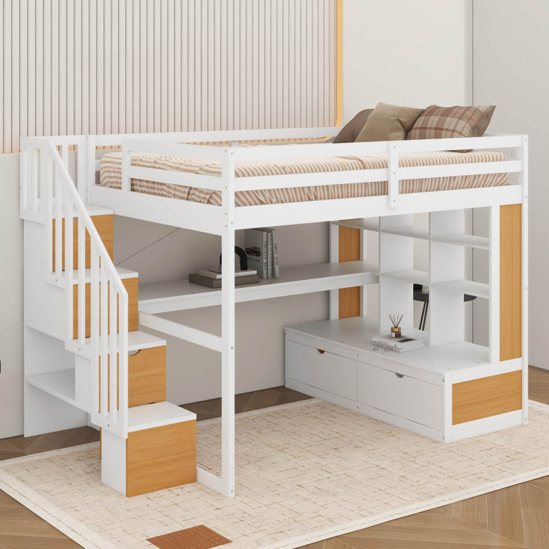 Lit mezzanine double avec bureau, tablettes et tiroirs, Blanc/naturel