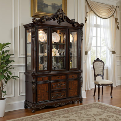 Zenie Buffet Cabinet And Hutch, Classic Carved, Solid Wood by Benjara