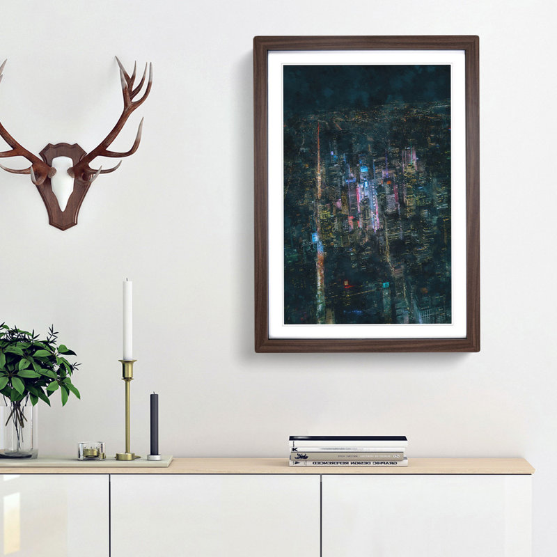 New York City At Night - Single Picture Frame Print on MDF, Walnut Framed, 33cm H x 24cm W x 2cm D