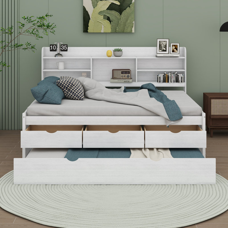 Brona Full Size Wooden Captain Bed with Built-in Bookshelves, Three Storage Drawers and Trundle, White