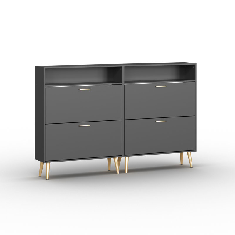 Armoire de rangement pour chaussures 24 paires avec bibliothèque - séparateurs amovibles et pieds dorés en bois, Noir