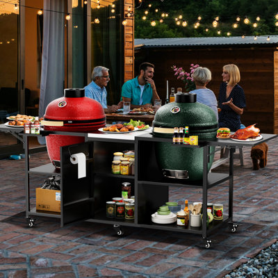 Table de barbecue pour deux gros œufs et chariot en métal 18 pouces pour l'extérieur avec 6 360 roues, 4 verrouillables, argent noir, 107,93 lb, 34,61 po de hauteur, 25,24 de largeur, 100 profondeur, armoires intégrées, tablettes ouvertes, 2