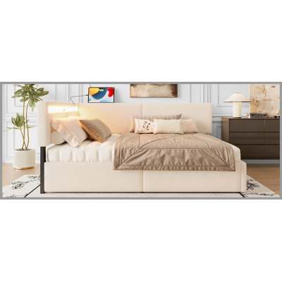 Structure de lit double pleine grandeur, structure de lit tapissier avec tête de lit Cloud, avec 2 tiroirs de rangement, lumière DEL et conception de chargement USB, pieds et lattes en bois massif, aucun sommier nécessaire, beige
