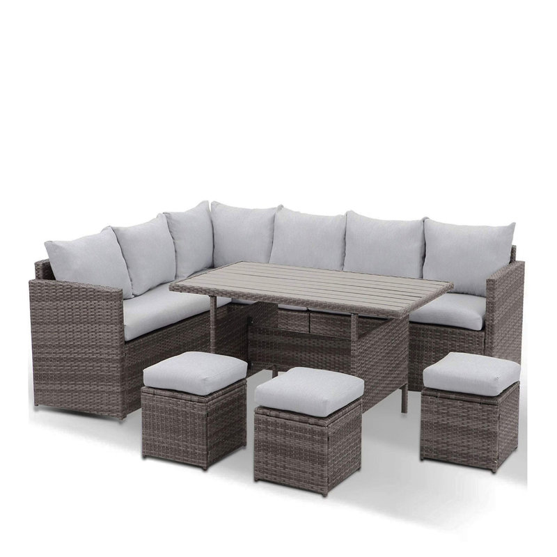 7 Piece  Wicker Outdoor Dining Set,  9-Seat  Outdoor Sectional Gray Cushions Sofa With Ottomans & Dining Table For Porch Backyard Garden
