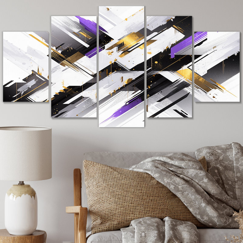 Mauve, noir, rayures audacieuses - impression d'art mural cubisme - 5 panneaux