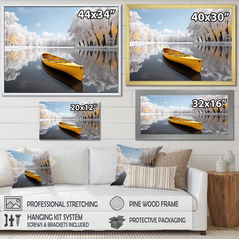 Jaune et gris Winter Lake II, reproduction d'art sur toile, H 34 po x l 44 po, Cadre flottant doré