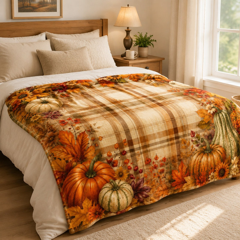 Jeté d'automne à imprimé citrouille à carreaux, couverture en molleton décorative chaude pour canapé-lit, salon, décoration d'automne