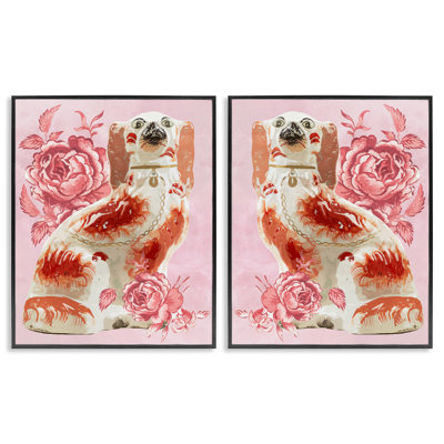 Stupell Industries Antique Dog Figurines 2 Piece Giclee Art Set, Design By Lil' Rue In Midnight Black Framed Giclee