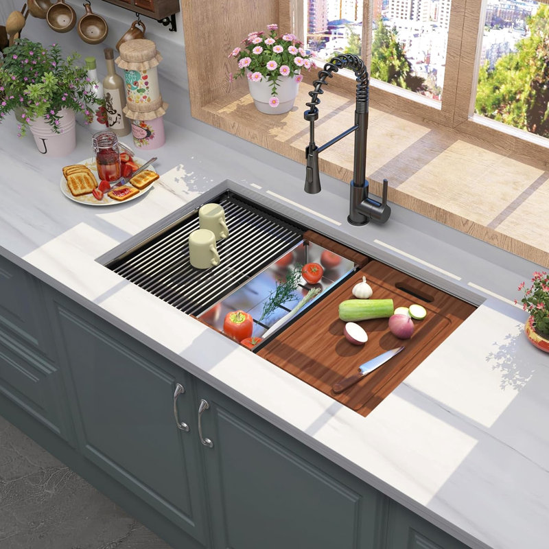 32 Inch Undermount Kitchen Sink In Gunmetal Black, 16 Gauge Stainless Steel, 10 Deep, Workstation With Switchable Work - Mode, X Shaped Drainage Black Steel Sink, Gauge, Multi Function Track, R10