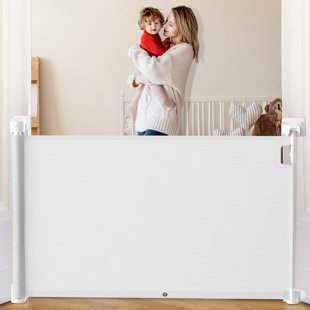 Retractable Mesh Baby Gate Dog Gate - 34" Tall, Extends Up To 118" Wide, Versatile For Stairs, Doorways, Indoor/outdoor Use, With Ground Adhesive Hooks For Baby And Pet Security