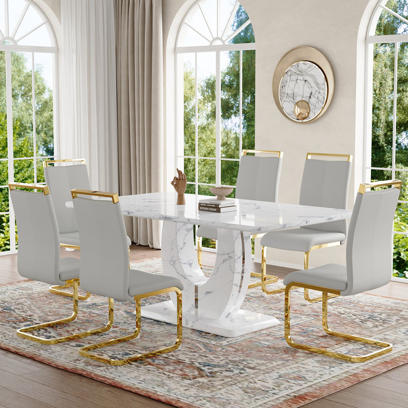 Ensemble de table de salle à manger, Gris clair / doré, Marbre blanc, 7 pièces