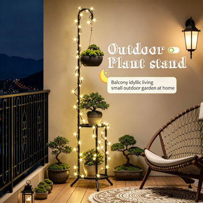 Support pour plante d'angle robuste à 3 niveaux avec crochets, support à plante d'intérieur en métal pour maximiser l'espace vertical dans le jardin, le patio, le balcon, le salon et la chambre à coucher