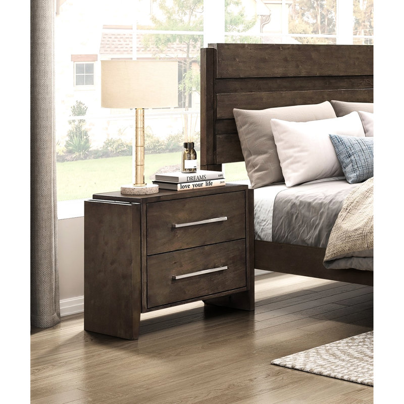 Table de chevet pour chambre à coucher avec finition noyer foncé, deux tiroirs, bois d'hévéa massif, conception transitionnelle, H 24,5 po, tiroirs sans assemblage en bois d'hévéa pour la chambre à coucher, largeur 15,5 po