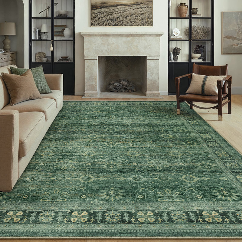 Ladonya Vintage Washable Green Area Rug wuth Non-Slip Backing, Rectangle 8' x 10'