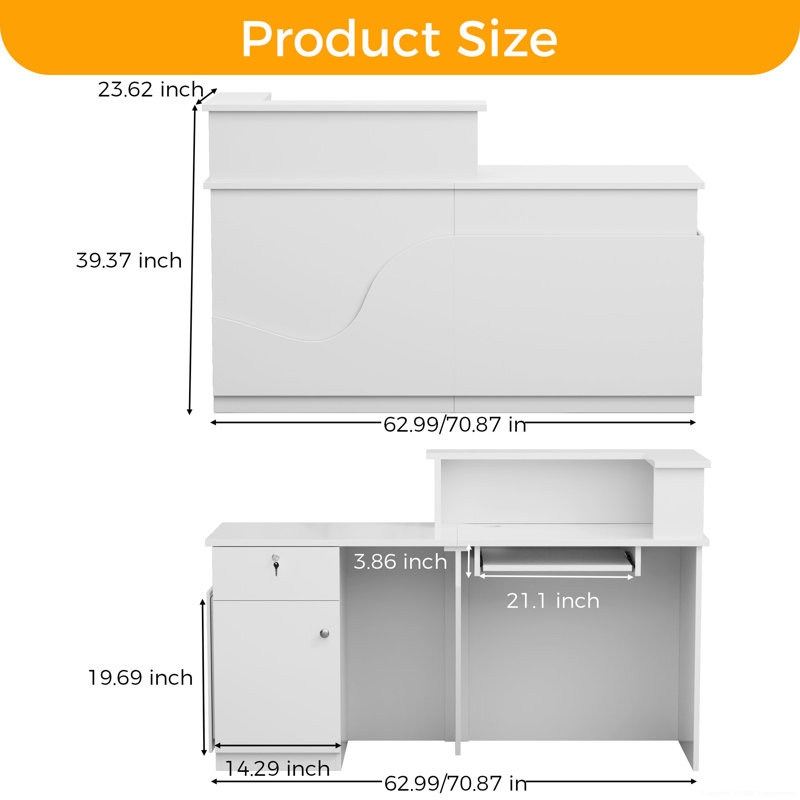 Modern Rectangular Reception Desk With Lockable Storage And RGB Lighting, 39.37" H x 62.99" W x 23.62" D
