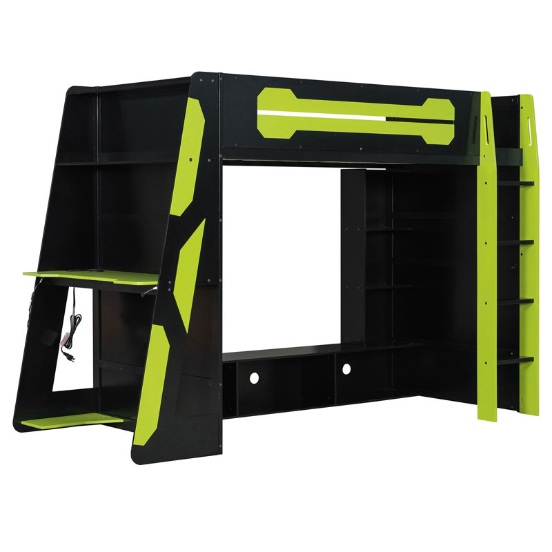Lit mezzanine simple en bois avec bureau, tablettes multiples et lumière RVB, vert, Vert