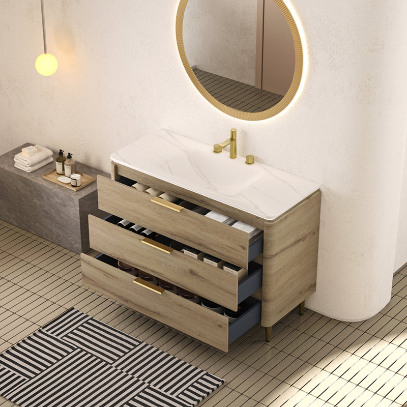 Meuble-lavabo de salle de bain avec lavabo autoportant en contreplaqué à bords arrondis avec 3 tiroirs, lavabo intégré en pierre frittée blanc Carrara, pré-assemblé, couleur chêne blanc AMara