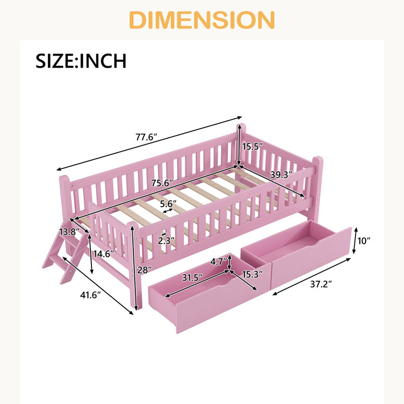 Lit plateforme en bois avec garde-corps et 2 tiroirs, Rose