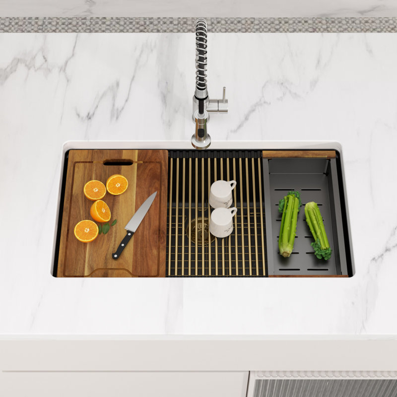 Évier de cuisine 30/33 en quartz blanc avec évier de cuisine encastré et cuve simple en composite, Black, 30" L x 19" W