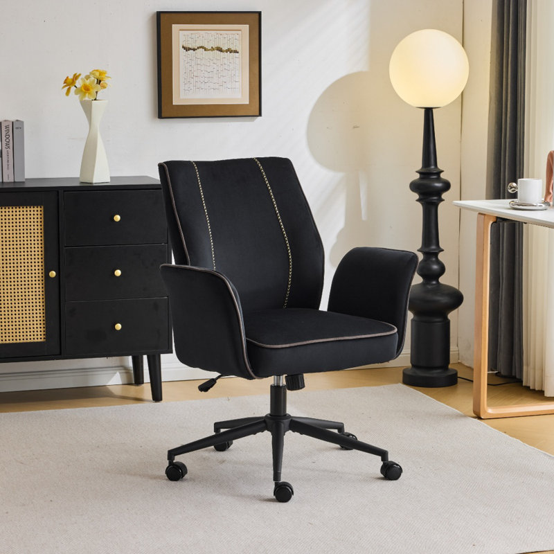 28.5“ W Velvet Dovetail Swivel Office Chair With Wheels, Black