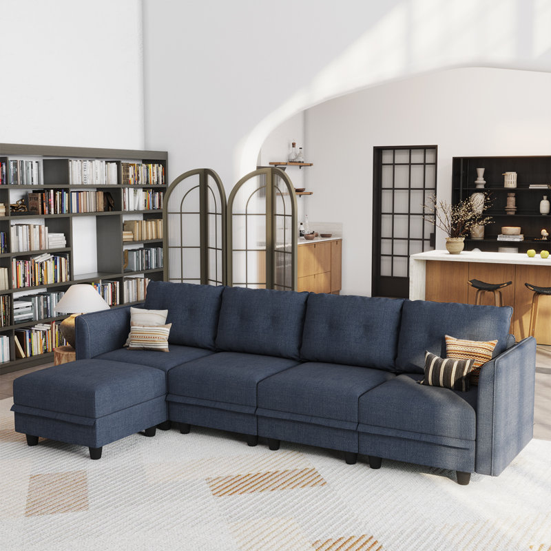 Canapé modulaire en L rembourré 5 pièces avec rangement Tomario, Polyester bleu