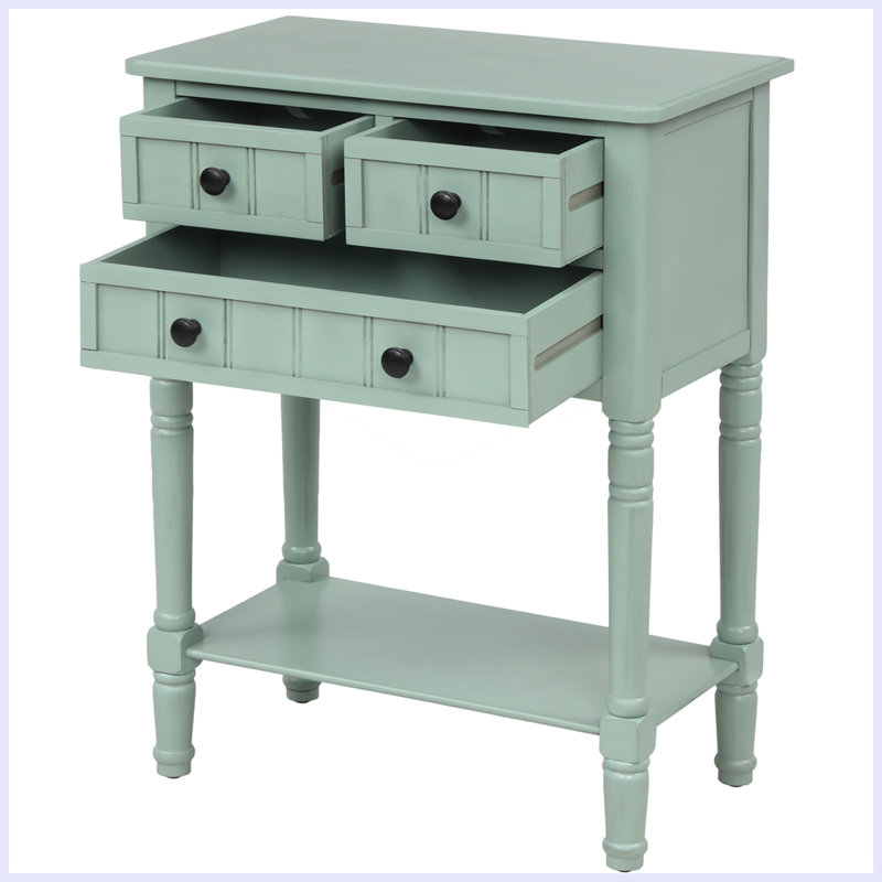 Narrow Console Table, Slim Sofa Table With Three Storage Drawers And Bottom Shelf, Retro Blue