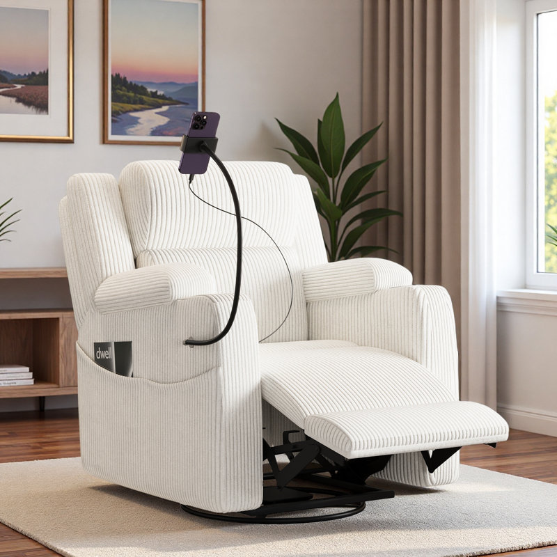 Electric Power Recliner Chair With Heat And Massage, 270-degree Swivel Base, Phone Holder, Usb Ports, Hidden Storage, Side Pockets And Cup Holder