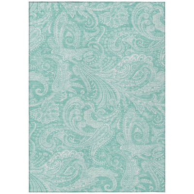 3' X 5' Teal Blue And Ivory Paisley Washable Indoor Outdoor Area Rug
