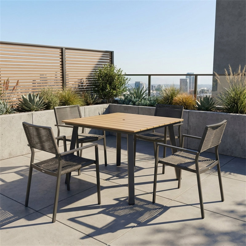 Table pliante d'extérieur, table carrée, plateau de table en bois-plastique composite à structure en fer robuste, design minimaliste, table de patio en chêne