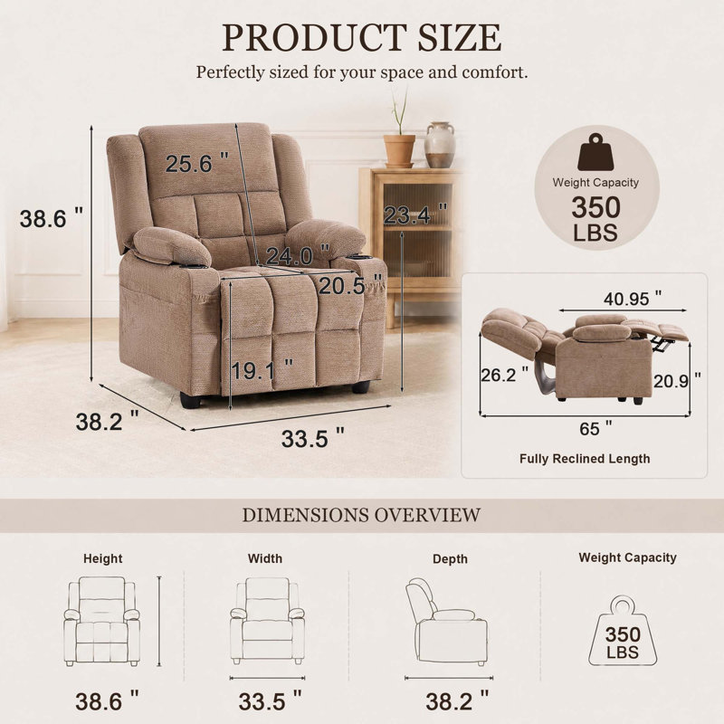 Fauteuil inclinable électrique avec deux porte-gobelets, poche de rangement latérale, revêtement en chenille douce, fauteuil de cinéma électrique réglable pour salon et chambre, brun