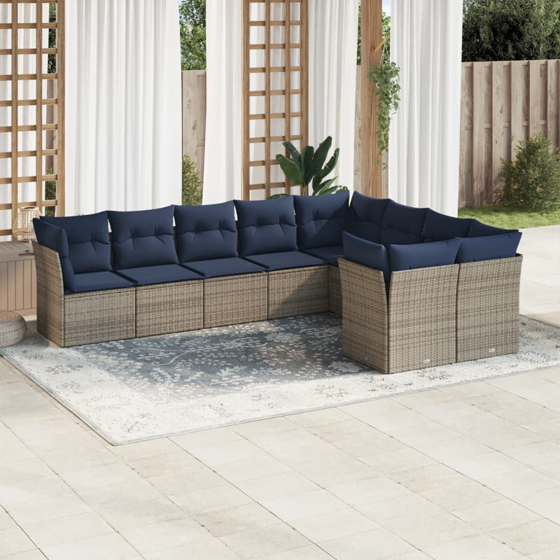 Ensemble de canapé de patio 9 pièces avec coussins en polyester noir Latitude Run®, Gris, Marine