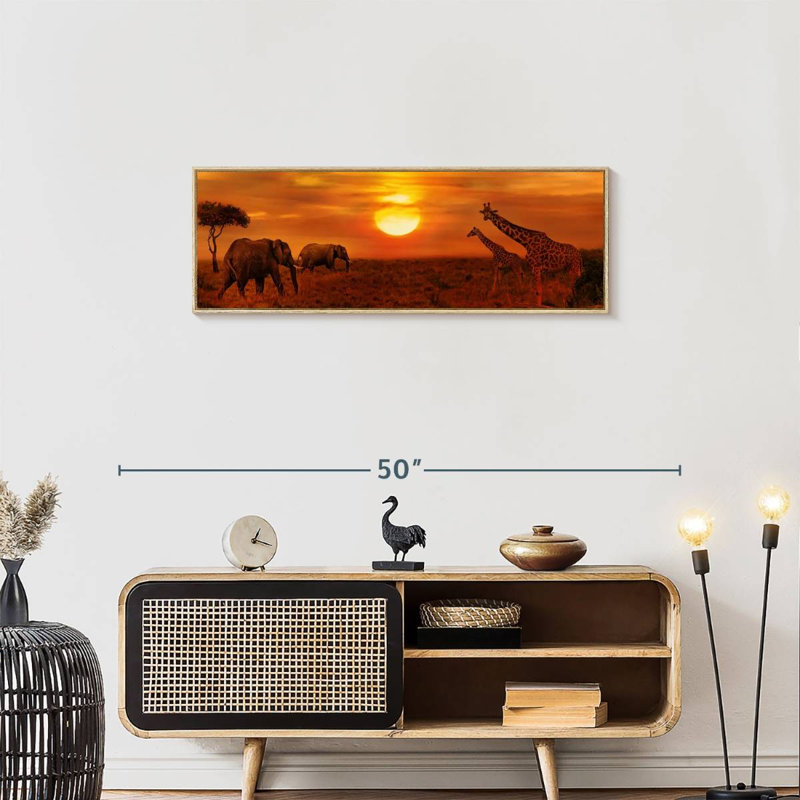 Coucher de soleil africain, 37" X 13", Floating Frame Natural Wood