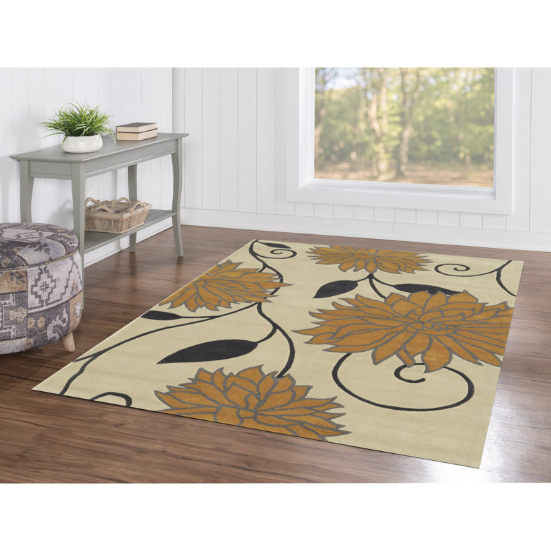 Tapis fait à la main Marisela ivoire et souci, Rectangle 5 pi x 7 pi