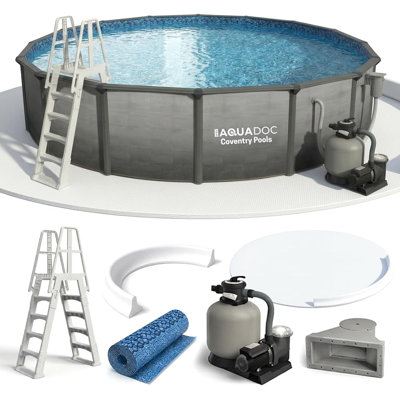 AquaDoc Coventry Round Steel Wall Above Ground Pool Kit 15' x 52" in Pewter Gray Finish with Sand Filter, Ladder, Skimmer, 25 Gauge Liner, Floor Pad and Cove Elite Package - Made in North America