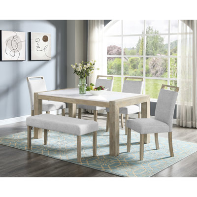 Contemporary 6pc Dining , Rectangular White Marble Stone Table And Upholstered Chair Grouping Chairs, Option
