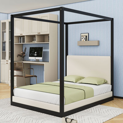 Wooden Canopy Bed with Headboard and Slats
