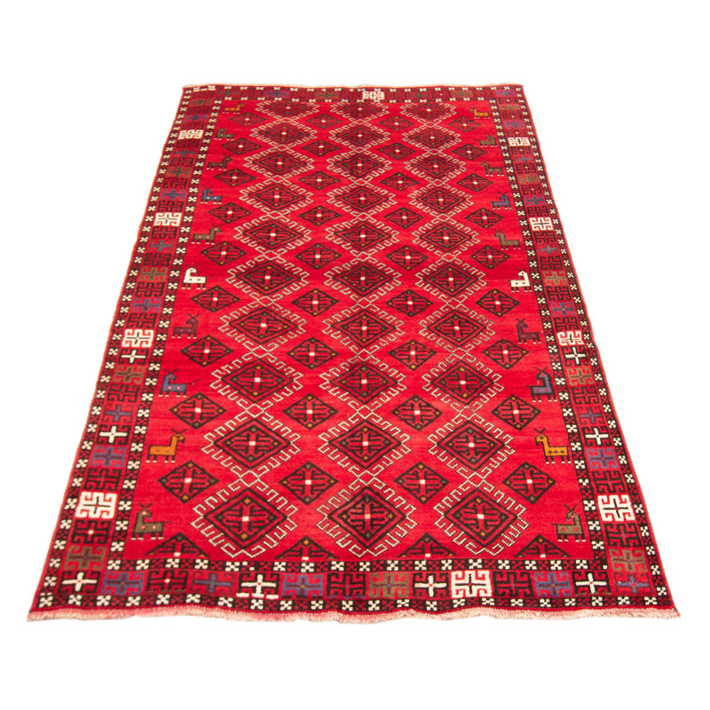 Tapis rouge / noir en laine noué à la main de conception unique 5 pi 3 po x 9 pi 10 po New Age