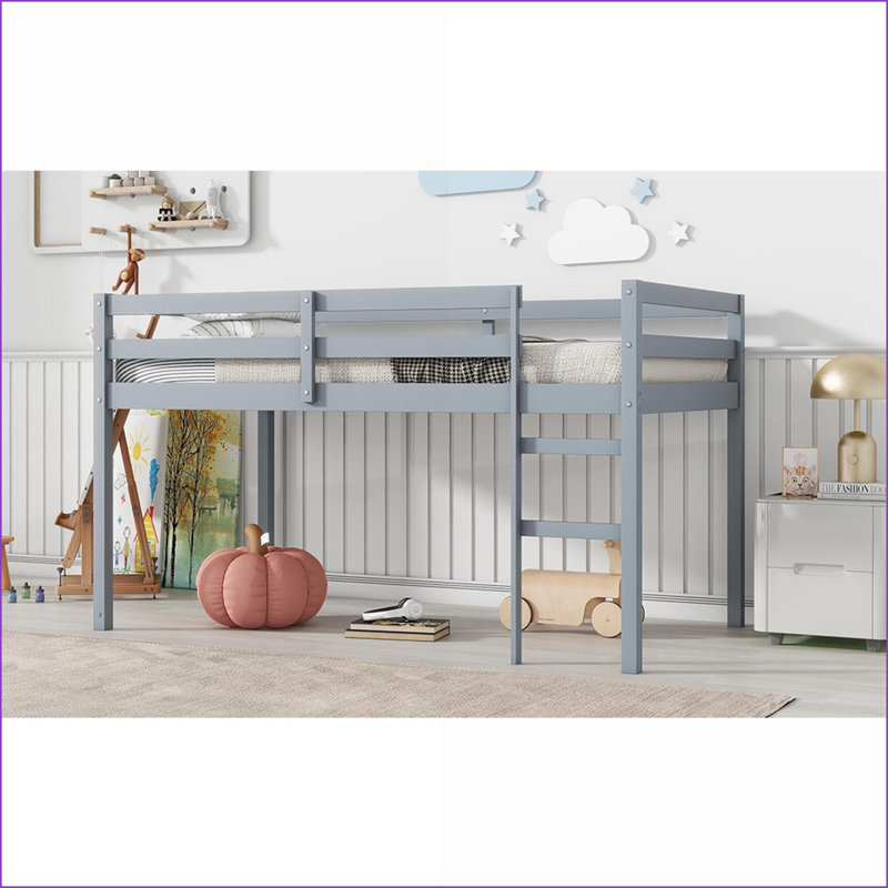 Twin Size Rubber Wood Loft Bed with Reinforced Slats, No Box Spring Needed, Grey for Second Bedroom