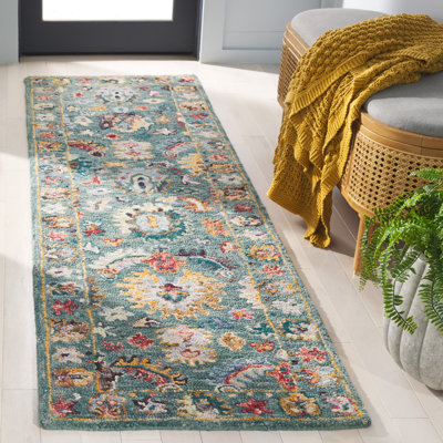 Shuo Tufted Wool/Cotton Performance Floral Rug in Blue/Rust