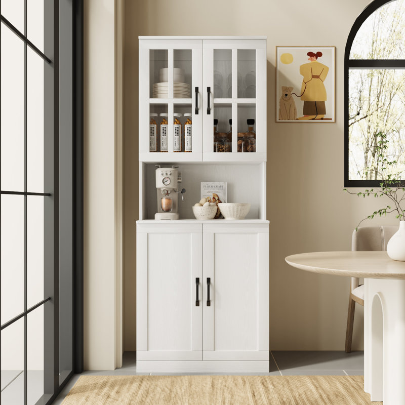  71" H X 71" W Kitchen Pantry With Bookcases, Glass Door Kitchen Hutch With Drawer And Spacious Countertops(ABA),White, White