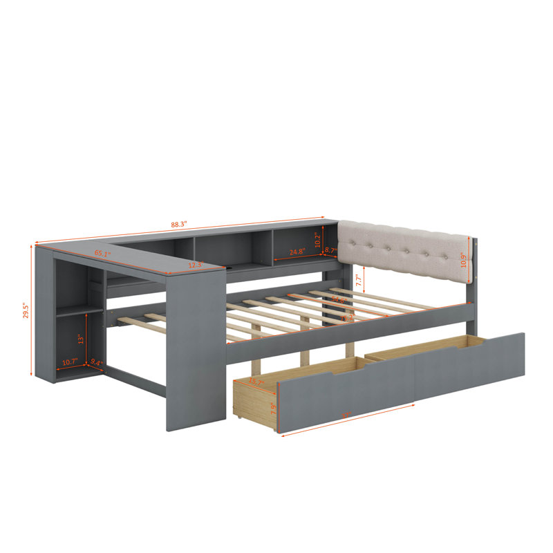 Lit plateforme avec tiroirs, tablettes de rangement, station de charge et tête de lit tapissier, Lit double