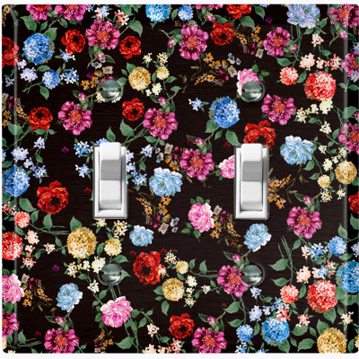 Metal Light Switch Plate Outlet Cover (Colourful Rose Flowers Black - Single Toggle)