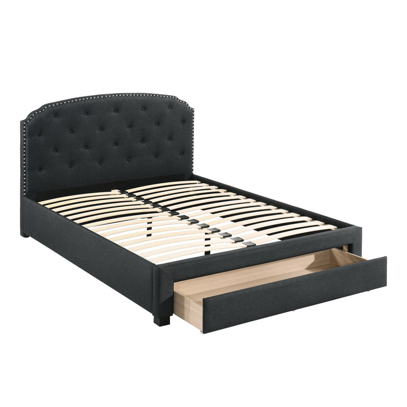 Lit simple moderne avec rangement et tête de lit en toile de jute gris anthracite, Charcoal