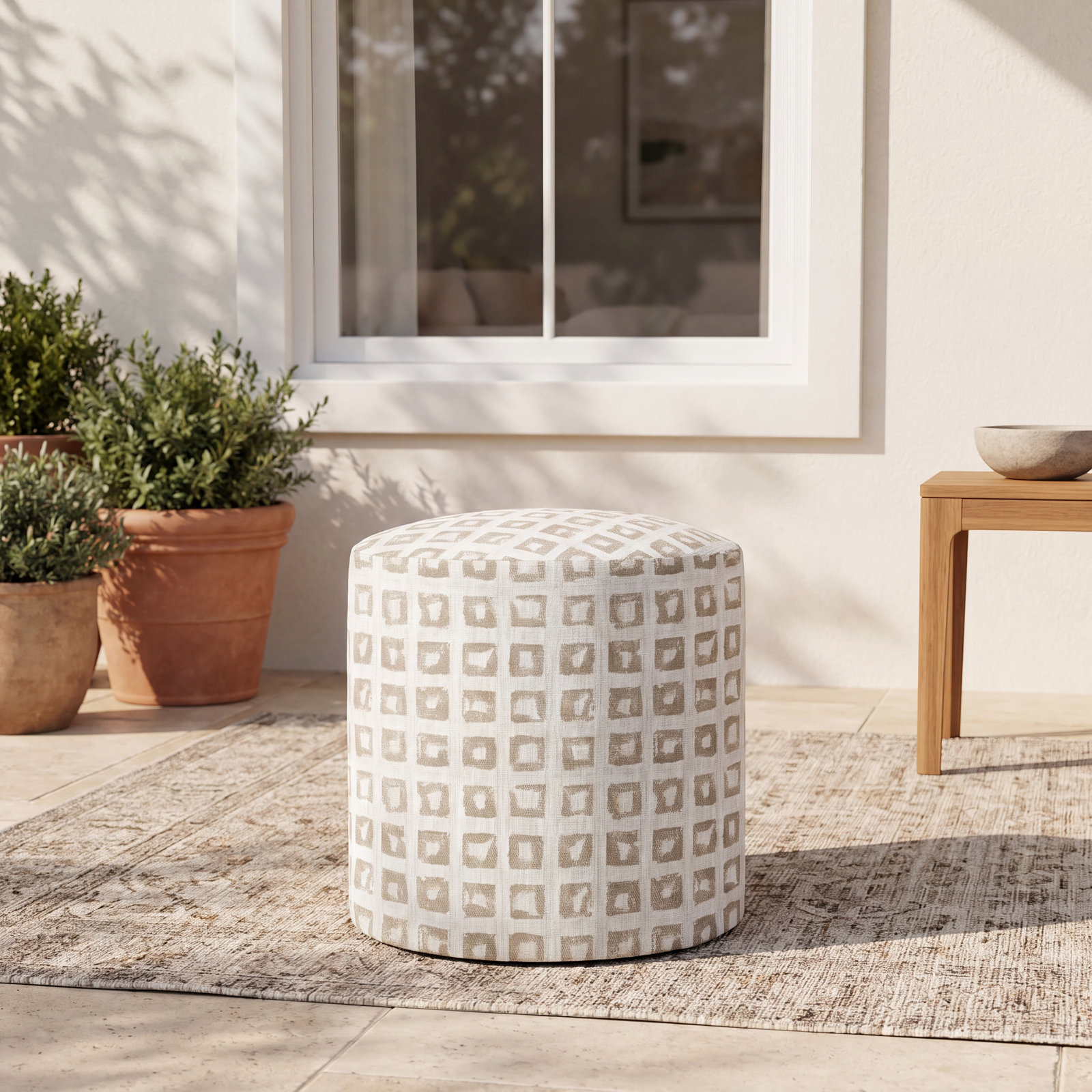 Indoor/Outdoor Sunbrella Geometric Poof, Tan