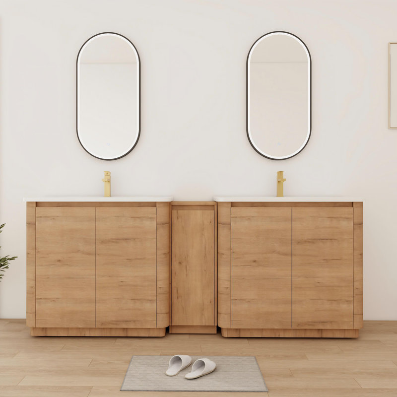 Meuble-lavabo double autoportant de 84 po avec plateau en céramique, armoire de rangement et tablettes 84 po, Imitative Oak