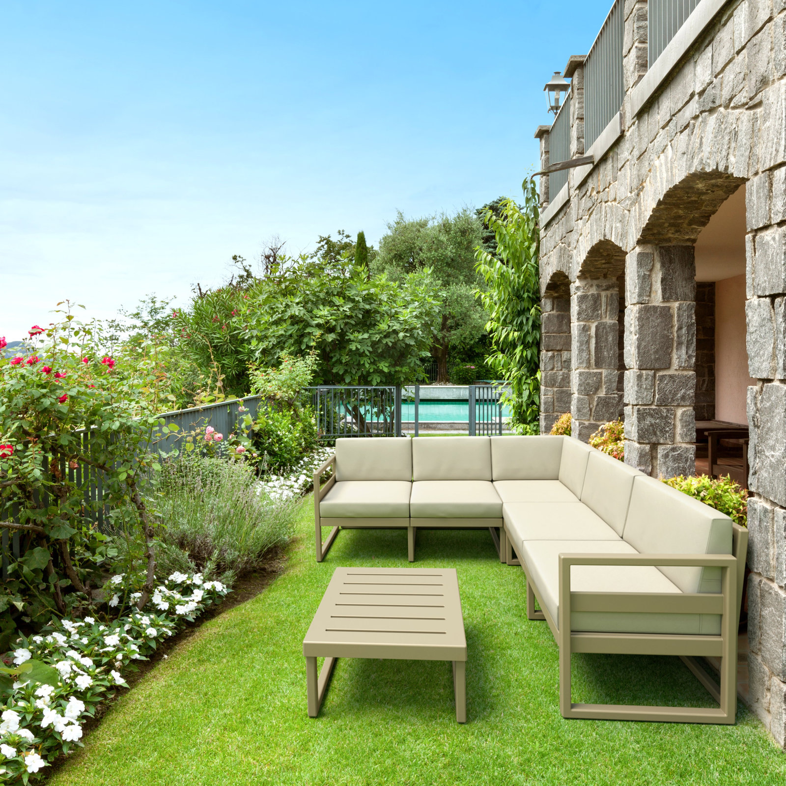 Lane 5 - Person Modular Patio Conversation Set with Cushions, Natural, Taupe